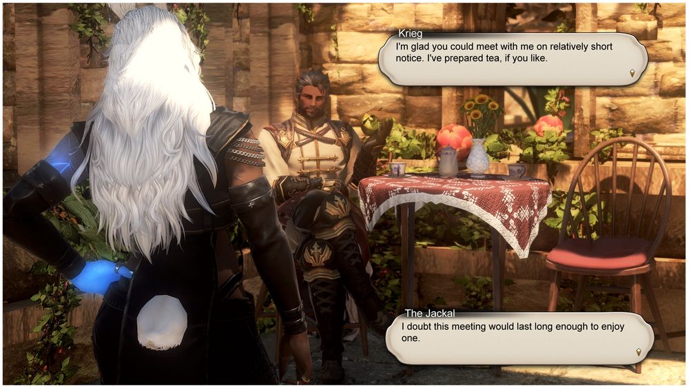The Jackal moves into the courtyard, where Krieg greets him.

Krieg: I'm glad you could meet with me on relatively short notice. I've prepared tea, if you like.

The Jackal: I doubt this meeting would last long enough to enjoy one.