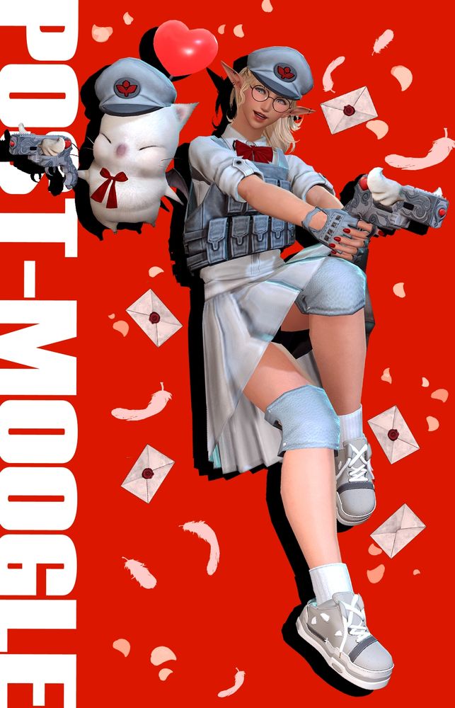 A screenshot of my oc, Odette. She is a pale, blonde haired Elezen/Hyur with blue eyes. She is accompanied by her Moogle companion, Kupdo. The image is a recreation / slight alteration of the cover image for the manga, Love Bullet, by inee.

Odette is dressed similarly to the cover character - a white elbow length shirt and white skirt, along with a pale blue bullet-proof vest. Pale blue kneecaps are worn, as well as pale blue fingerless gloves and tan shoes. A red bowtie is tied at her dress collar. In her hands she holds and aims a pale blue gun with angel wings on it.

Odette is also wearing a Postmoogle cap that has been dyed light blue, with the symbol on it dyed red. Kupdo is wearing the same hat, along with a similar red bowtie on his neck and gun held in one of his paws. His usual circular pom is changed to be heart shaped.

The background is a flat red, but instead of the white writing on the side reading "Love Bullet" it reads "Post-Moogle". Similarly, instead of bullets raining down around Odette, letters have taken their place.