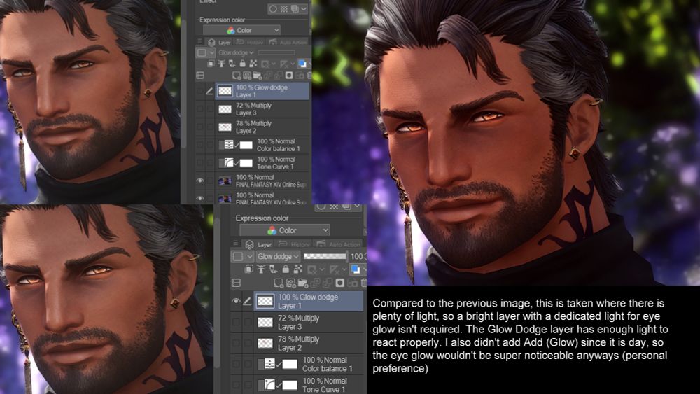 Compared to the previous image, this is taken where there is
plenty of light, so a bright layer with a dedicated light for eye
glow isn't required. The Glow Dodge layer has enough light to
react properly. I also didn't add Add (Glow) since it is day, so
the eye glow wouldn't be super noticeable anyways (personal
preference)