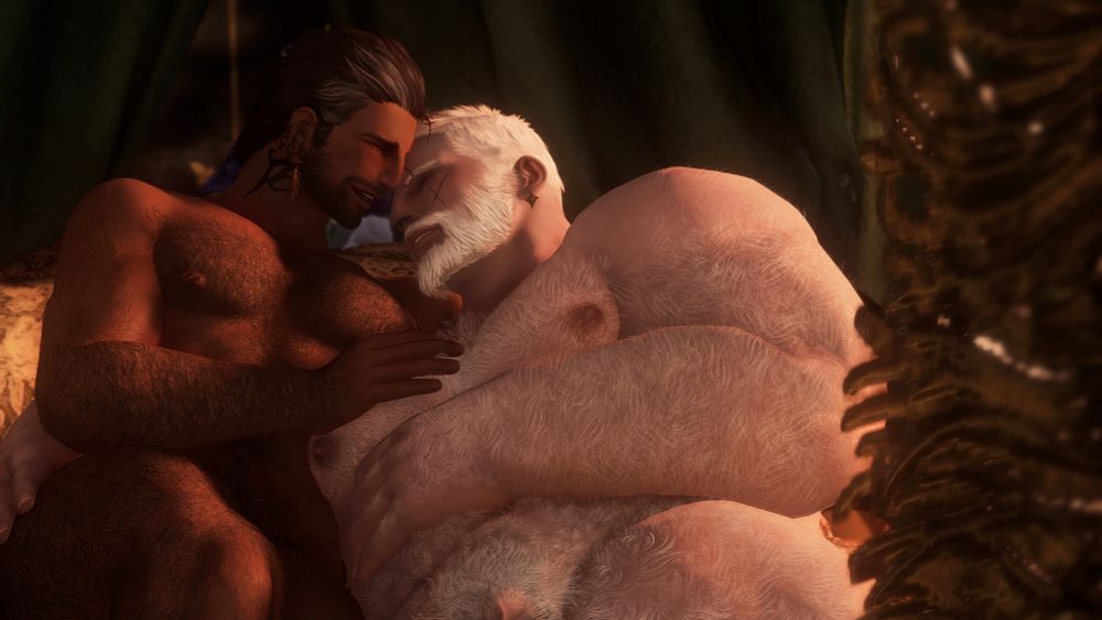 A screenshot of my ocs, Krieg and Hale. Krieg is a brown Highlander Hyur with amber eyes and brown hair with grey streaks. He has Archon marks on both sides of his neck and a gold dangle earring hangs from his right ear. Hale is a pale Hellsguard Roegadyn with blue eyes and platinum blonde hair.

The two are in bed together undressed. Hale is laying down with one arm wrapped around Krieg's back, helping to support and prop him up. Hale's left arm rests lazily across his abdomen.

Krieg is curled up to Hale, his legs beginning to intertwine with the larger man's as he rests a hand on his chest. The two of them are smiling, Krieg appearing to be in the middle of saying something to his partner as he presses their faces together. Blushes crossing both of their features