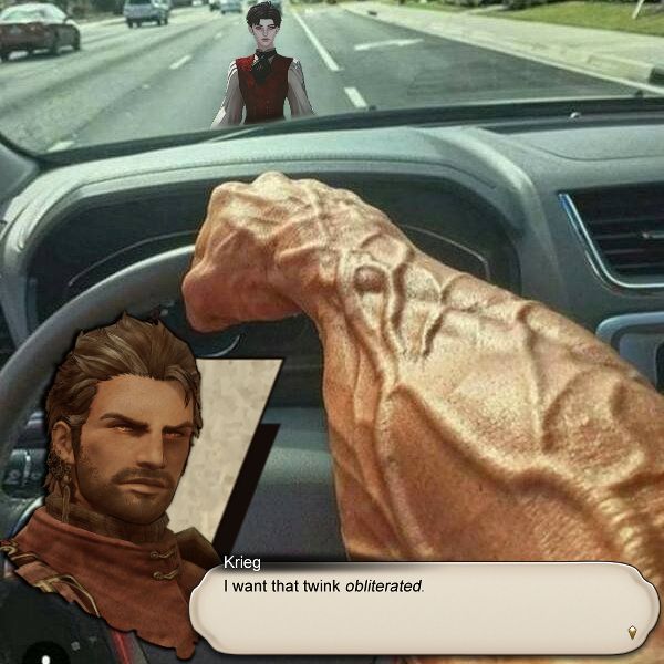 A edited photo of a POV where a man is driving a car. One arm is visible on the steering wheel and visibly tense holding it as multiple veins appear.

A bust of my oc, Krieg. Sits at the bottom, while @woefulwillow 's oc, Morgan, appears to be on the road in front of the car that is currently speeding towards him. Krieg is saying "I want that twink obliterated."