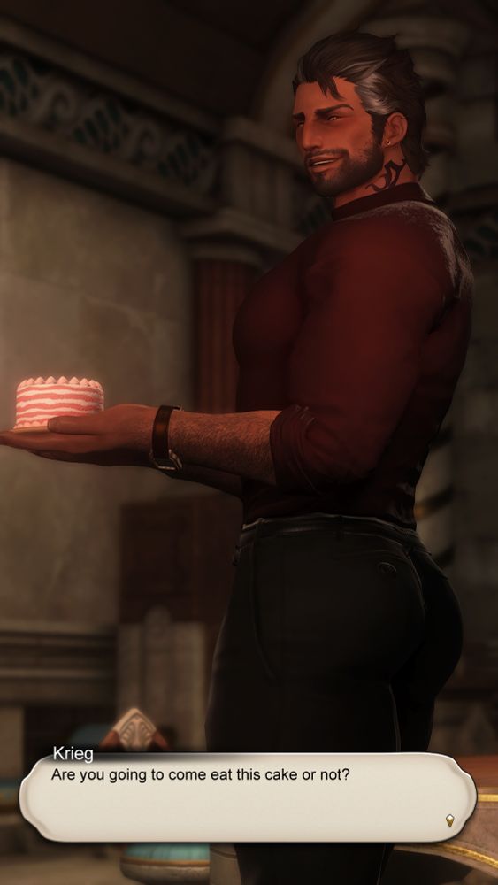 The final image shows Morgan's POV as Krieg takes the plate of cake into both of his hands, looking over his shoulder to regard Morgan with a smile, "Are you going to come eat this cake or not?"