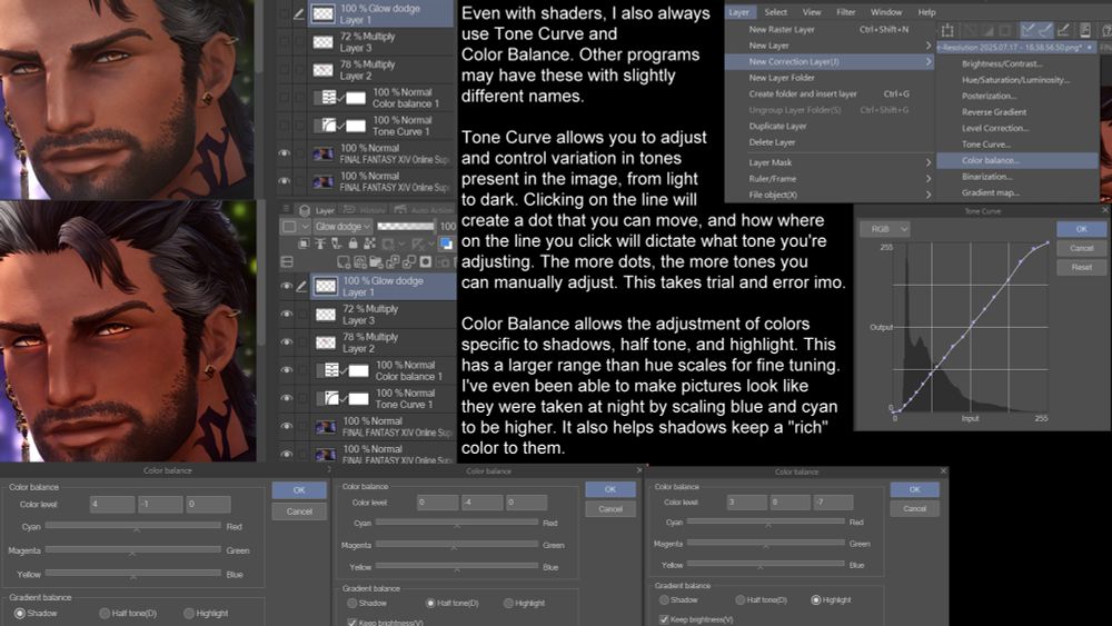 Even with shaders, I also always
use Tone Curve and
Color Balance. Other programs
may have these with slightly
different names.

Tone Curve allows you to adjust
and control variation in tones
present in the image, from light
to dark. Clicking on the line will
create a dot that you can move, and how where
on the line you click will dictate what tone you're
adjusting. The more dots, the more tones you
can manually adjust. This takes trial and error imo.

Color Balance allows the adjustment of colors
specific to shadows, half tone, and highlight. This
has a larger range than hue scales for fine tuning.
I've even been able to make pictures look like
they were taken at night by scaling blue and cyan
to be higher. It also helps shadows keep a "rich"
color to them.