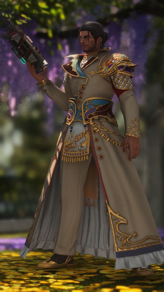 a screenshot of my oc, Krieg. He is a brown, dark haired highlander hyur with amber eyes. He is dressed in an ornate beige coat, along with beige pants and dark brown shoes with gold detailing