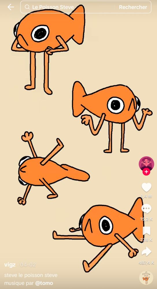A screenshot from the video for the music clip Le Poisson Steve, by TikTok user Vigs, featuring a sketched orange fish with stick arms and legs in various poses.