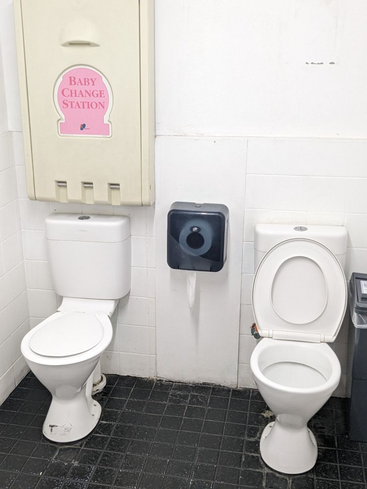 two toilets sitting next to each other, sharing a toilet paper dispenser