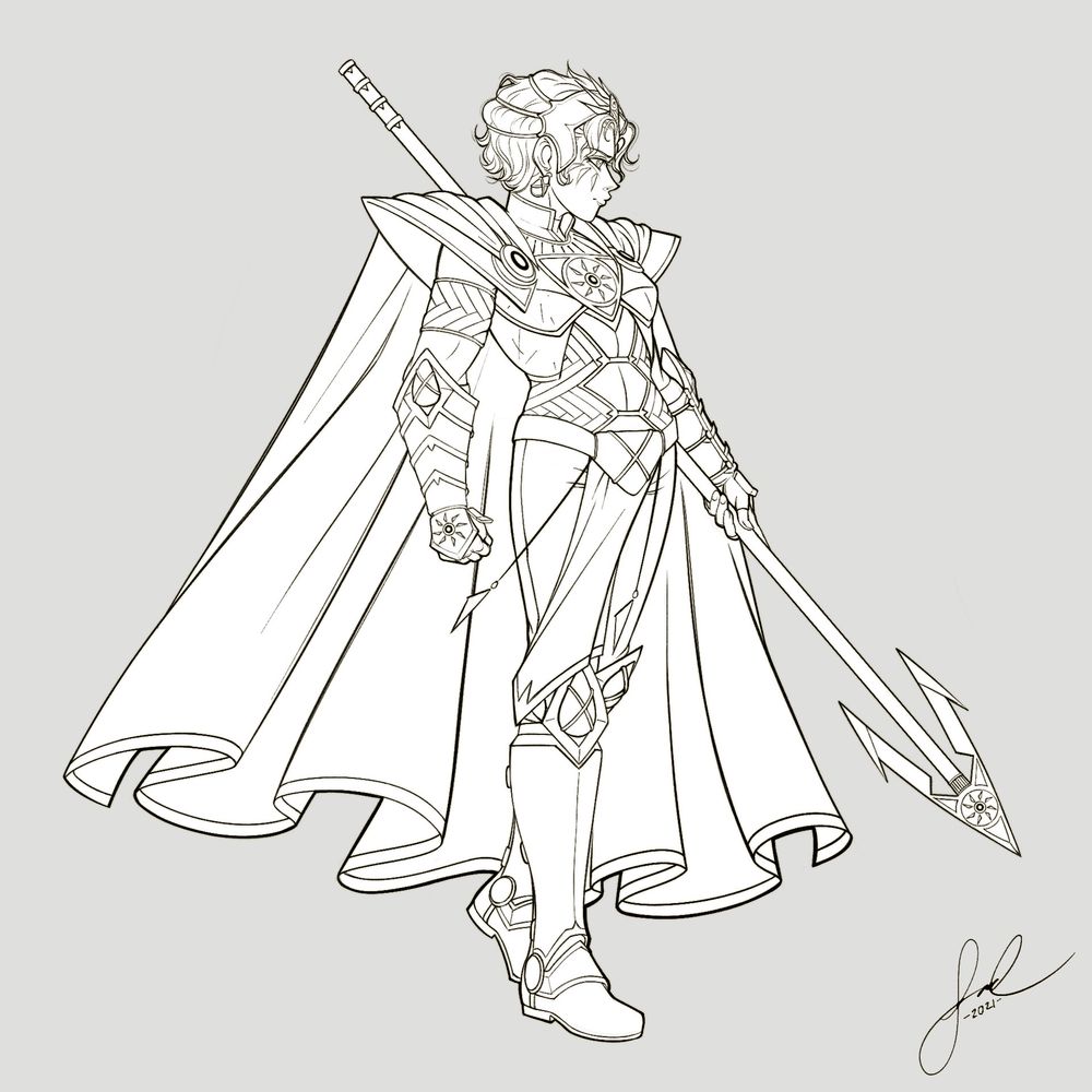 Linea-art Illustration of a female knight in lightweight armor holding a long, arrowhead spear.