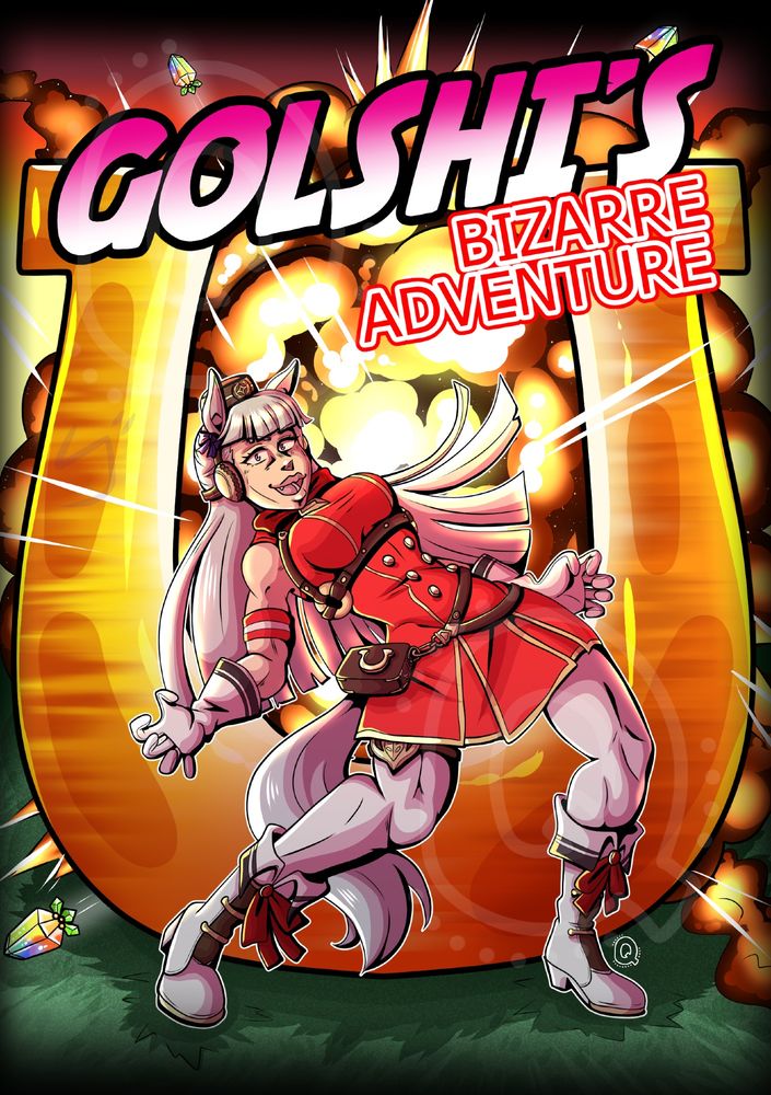 Goldship from Umamusume is standing in the classic Dio back-arched pose, in front of a giant horseshoe. There is a giant explosion behind it, causing carrats to fly out. The text says "GOLSHI'S BIZARRE ADVENTURE!"