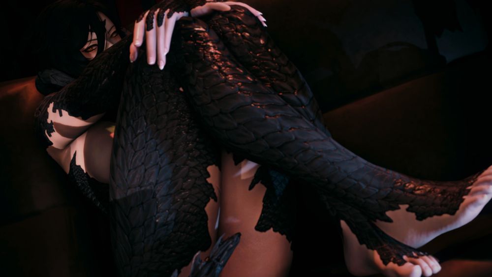 Uyanga, nude. She is sitting on a leather couch with her knees tucked against her chest. Her face is obscured by her arms save for her eyes, and she appears to be glaring at the viewer.