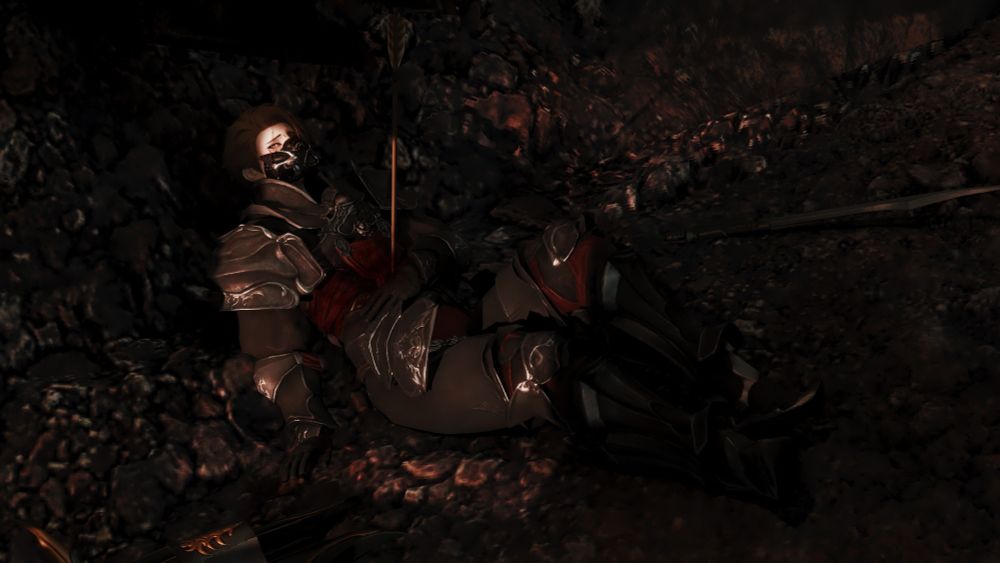A Roegadyn soldier in the Garlean army. She wears the armor of a Centurion. The lower half of her mouth is covered by a respirator. She lays in the muddy trenches of the Ghimlyt Dark and props her back against a dirt wall. Her left arm rests over her stomach, which is pierced with a single, large arrow. She is unarmed, her gunblade and shield lay out of reach. Blood pools across her torso, and she looks at the viewer with pained, pleading eyes. 