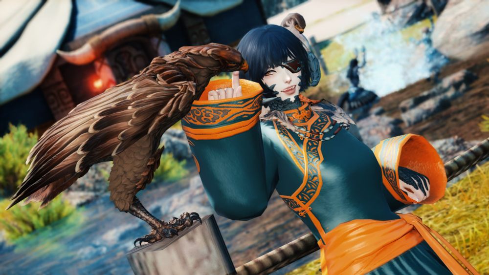 Uyanga, a Xaela woman with pale skin and dark grey scales, leans against a rope fence. She wears a dark blue deel with golden-yellow accents, and a brown leather eye patch over her left eye.

On her left shoulder is a small hawk named Baatar, its head is tucked against its chest as it sleeps soundly.

On her right, standing on a fence post, is a large Golden Eagle named Zaya. It leans forward, its eyes closed and head tilted to the side as Uyanga scratches under its chin.