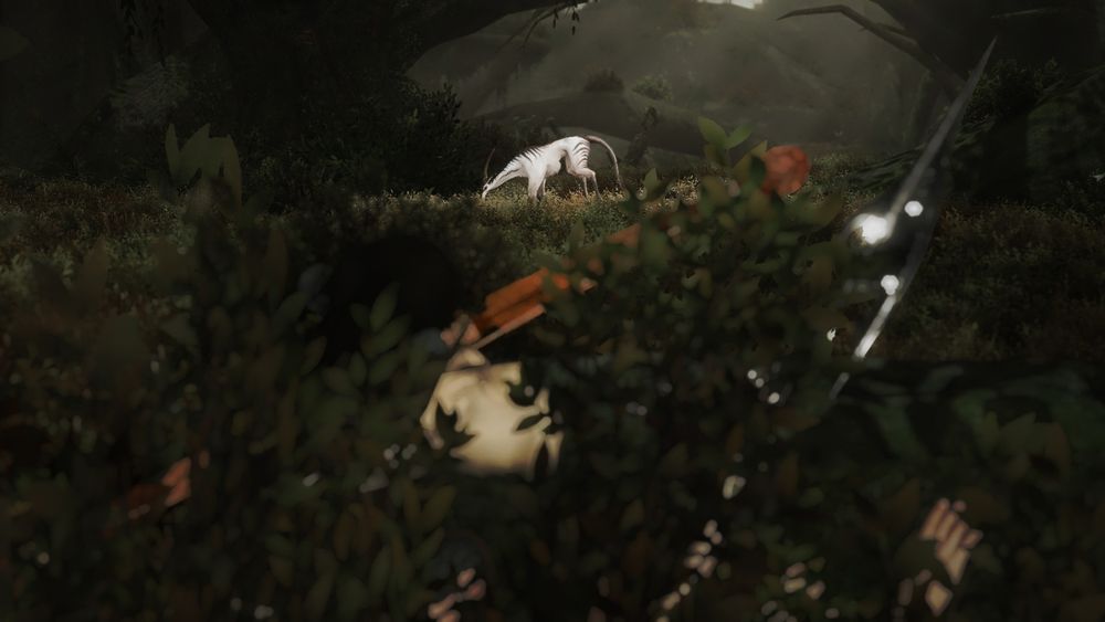 Another shot from behind. Uyanga is knelt in a thick bush, her hair is tied back and she is drawing a bow. Also in the bush is Lho Jawantal, a Keeper of the Moon hunter with a shining silver lance. The two of them stalk an antelope stag which grazes in a clearing, a beam of light breaks through the dark forest canopy and illuminates the antelope.