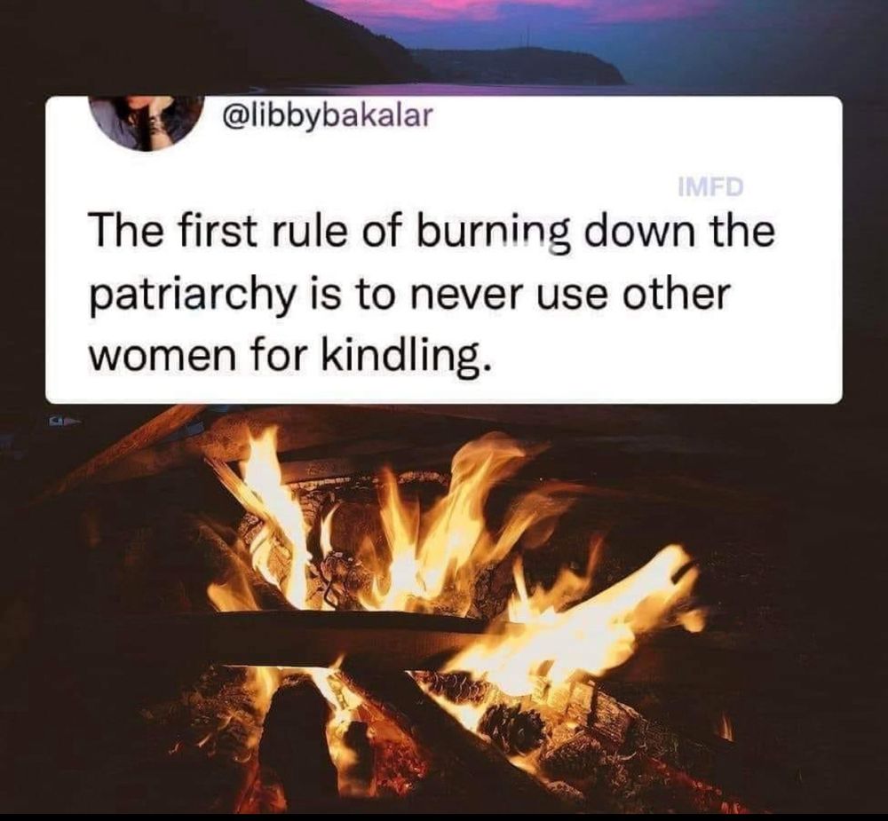 Meme with text. The background is a campfire. The text says: The first rule of burning down the patriarchy is to never use other women for kindling. Meme was posted by @libbybakalar. 