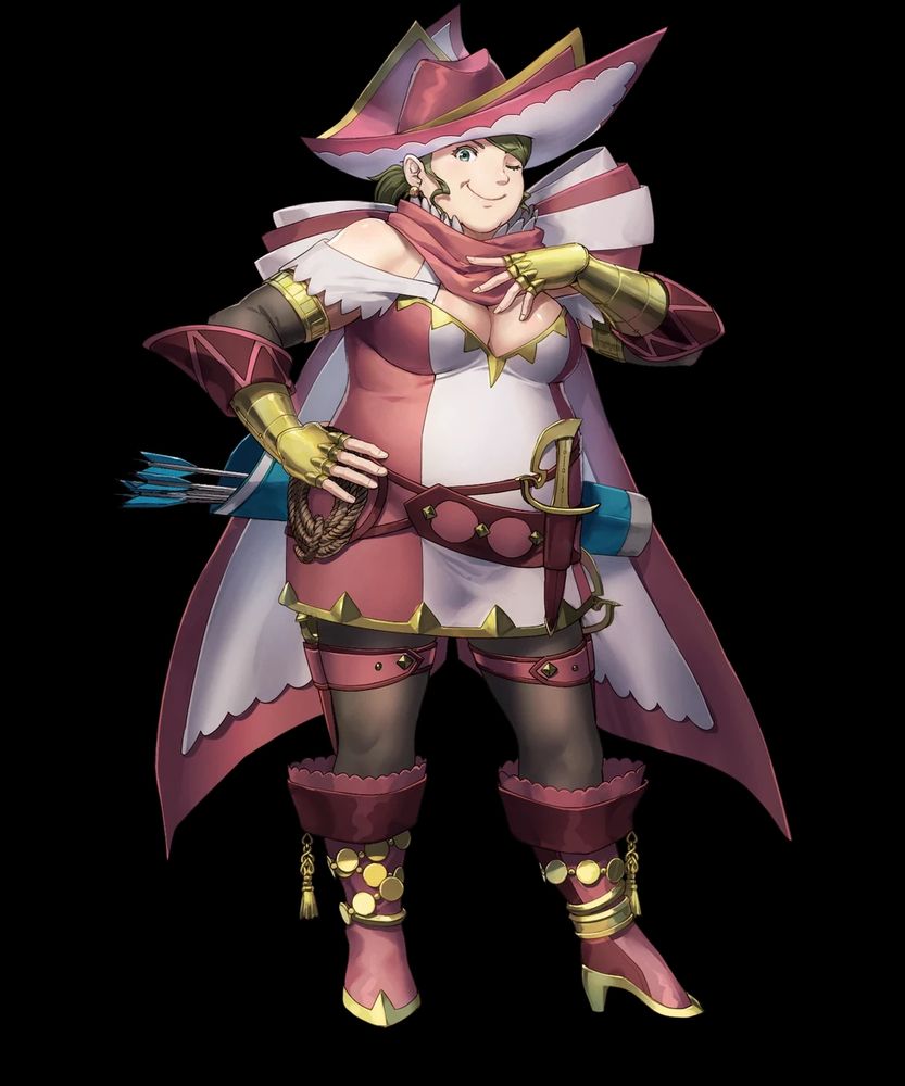 a picture of candace from fire emblem fates. she is a larger woman dressed in a pink version of the adventurer outfit from the game. she winks impishly at the viewer