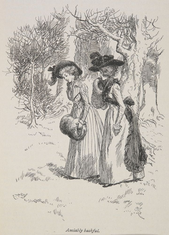 Sense and Sensiblity illustration captioned 'Amiably bashful.' Elinor Dashwood and Lucy Steele having a conversation.