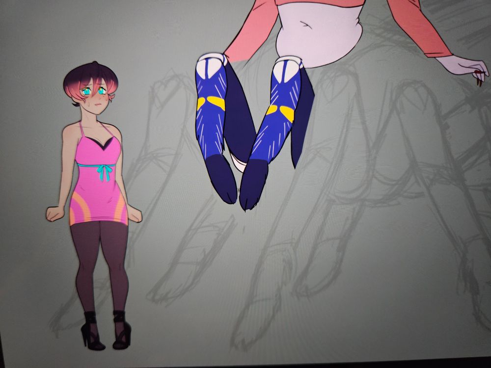 a photo of a laptop screen showing a partially lined and colored drawing of the pedipalps and lower torso of a tarantula centaur, with a woman in a pink dress standing next to her who is about half the height of the taurantula