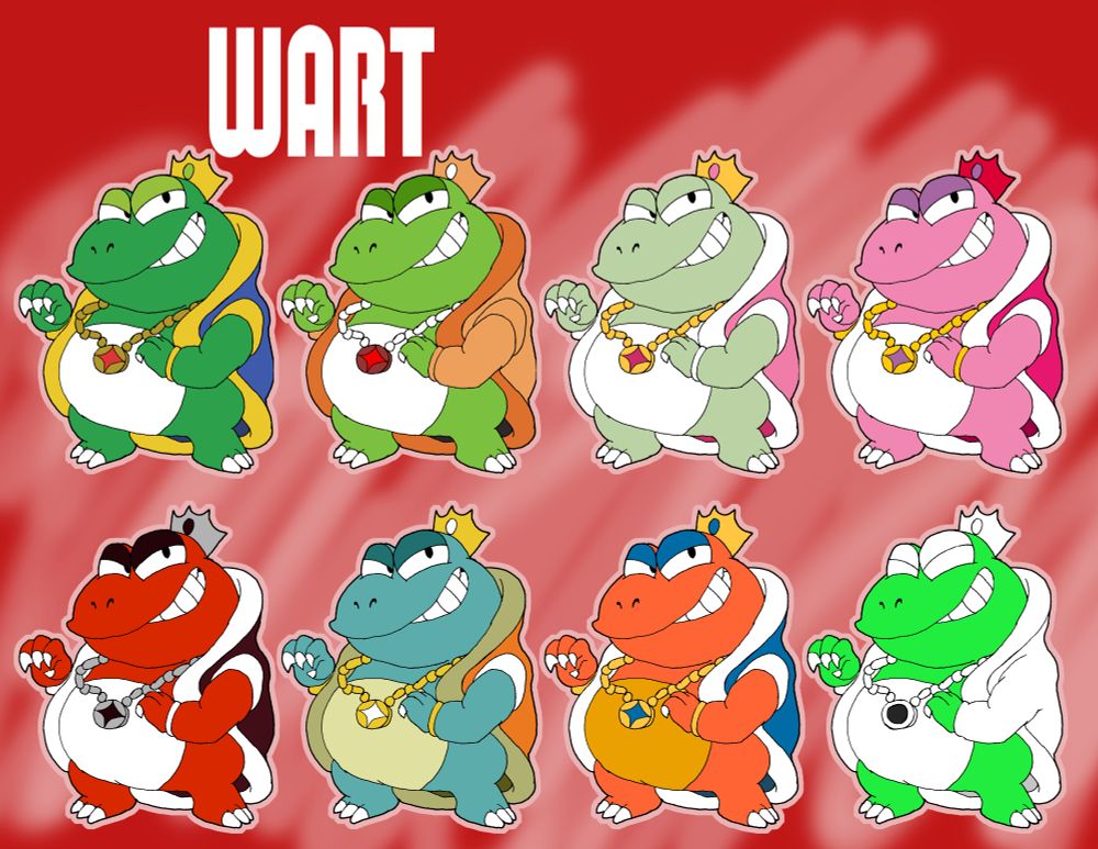 Wart pallet swaps as if he were in Smash bros
>Regular
>All-Stars (Yellow)
>Mouser (Gray)
>Birdo (Pink)
>Clawgrip (Red)
>Tri-Clyde (Blue)
>Fryguy (Orange)
>NES Wart (White)