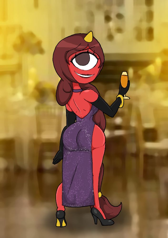 Iris in a sparkly evening dress for an event, drink in hand.