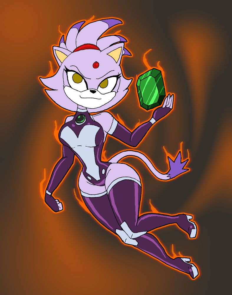 An originally Halloween piece sparked by the announcement of DC and Sonic crossing over; Blaze the Cat dressed as Starfire, Sol Emerald in her hand.