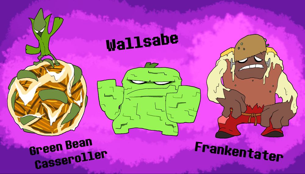 A trio of big time veggie Food Monsters! Green Bean Casseroller, Wallsabe, and Frankentater are dished out!

Frankentater is the 3rd and FINAL Frankenstein's Monster inspired Food Monster. 