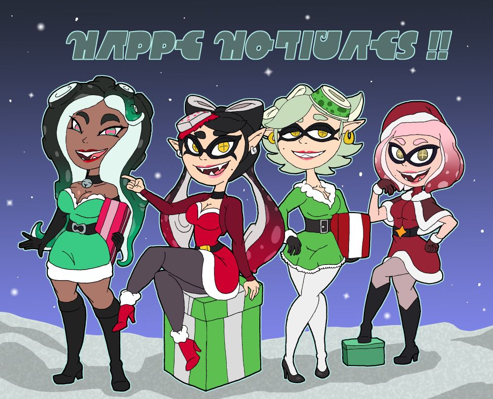 Repost of old work featuring both Squid Sisters and Off The Hook, in sexy Santa inspired outfits and a snow backdrop,
Marina and Marie in green with Callie and Pearl in red.
