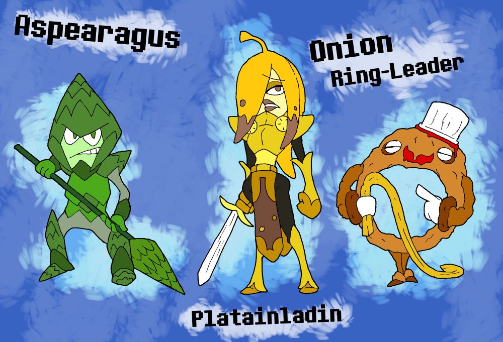 A trio of Food Monsters with no theme other than being weapon users lol.
Aspearagus, Platainladin, and Onion Ring-Leader!