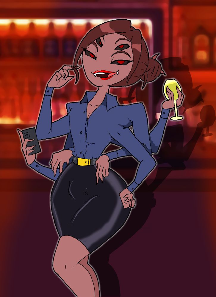 Leon, a crossdressing Spider Anthro, dressed in sexy officewear, leaning at a bar. He's flirting from a distance at the viewer.