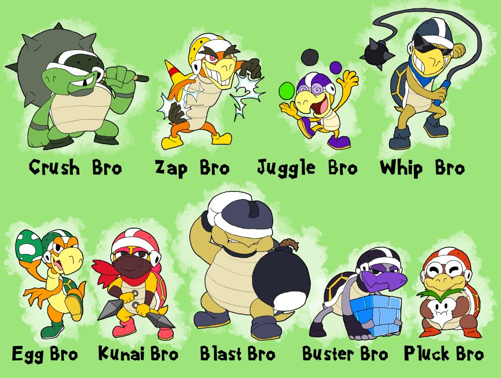 A collection of original Bros designs, each with different designs and skills shown.