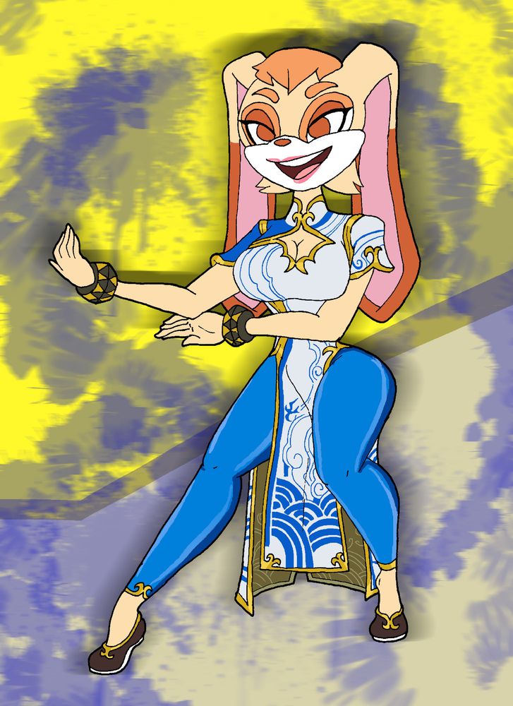 Vanilla the Rabbit cosplaying as Street Fighter 6's version of Chun Li.
The more sophisticated look suiting her well!