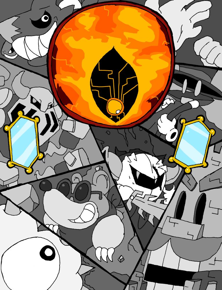 image featuring all the bosses of Kirby and the Amazing Mirror, with Dark Mind above each panel.
Bosses are grayed out, except for Dark Mind