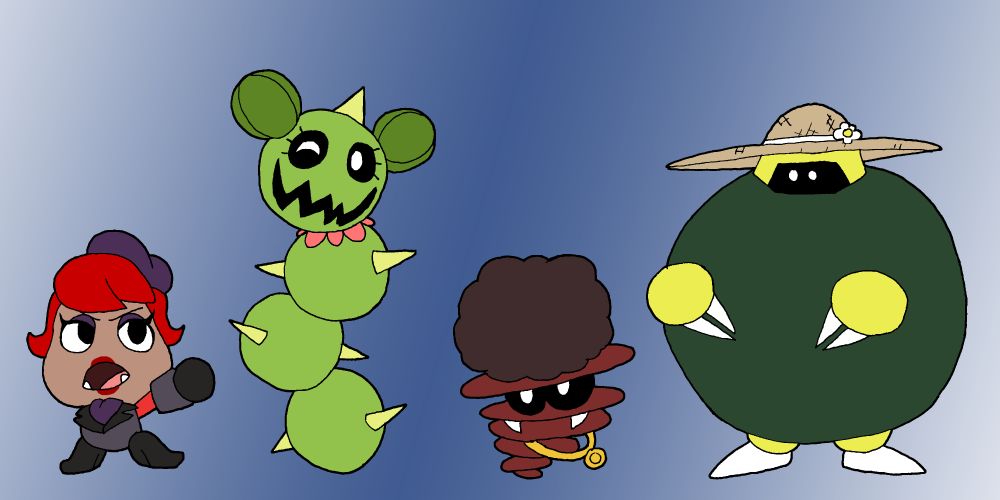 Batch of original Paper Mario-inspired designs:
A reporter Goomba, a cheerful Pokey, a groovy Spinia, and a gardener motos.