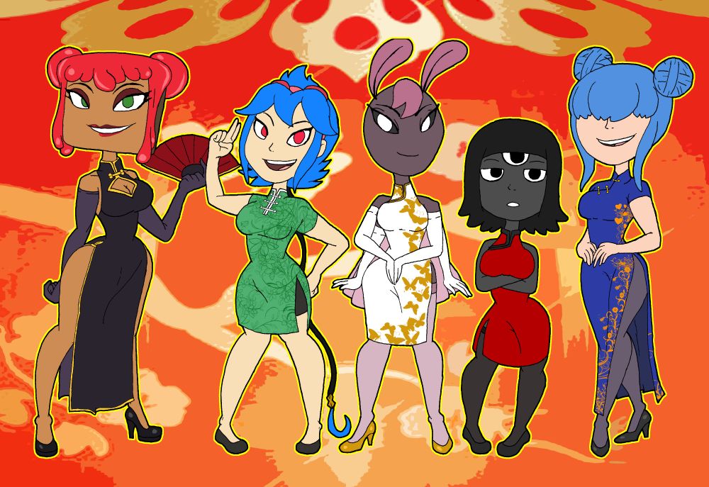 Several friend's ocs Lunas for Lunar New Year.
@thefriedtoast.bsky.social Luna in a black and gold cheongsam dress, @jackthethinker.bsky.social's Luna in a green qipao (and shorts , My own Luna in a white cheongsam, GREYSTWITPAGE's Luna (Twitter) in a red qipao dress herself, and @bluenightingale.bsky.social Luna in a blue cheongsam dress.