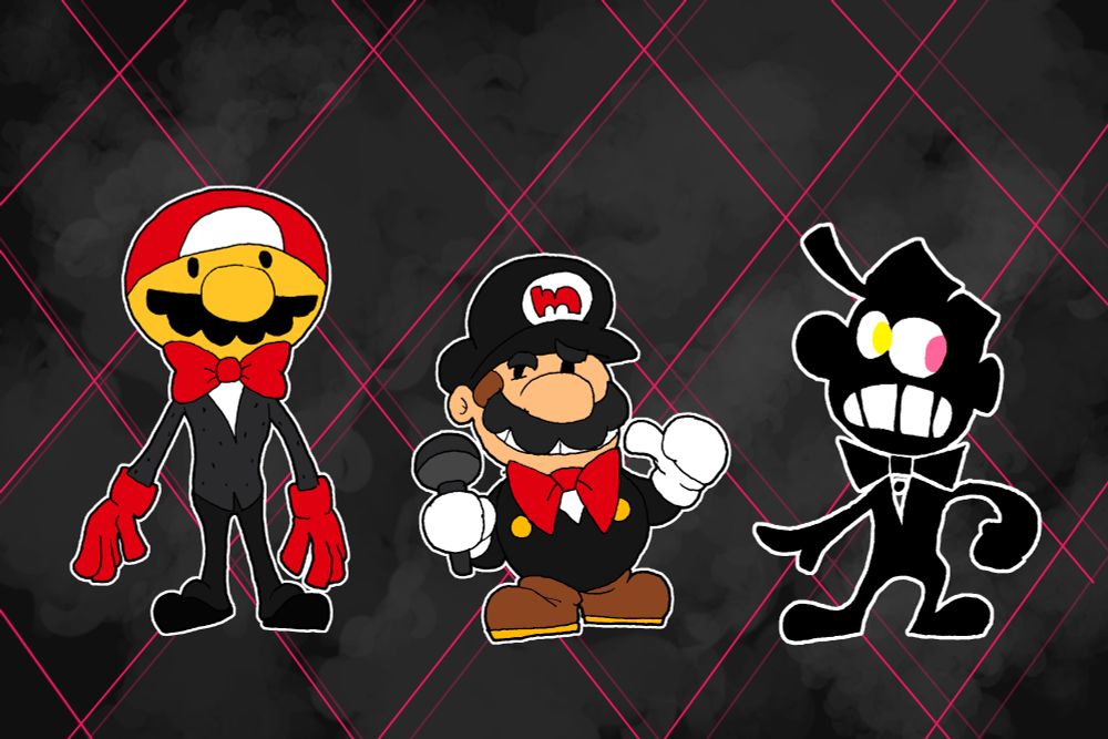 Deltarune/Super Mario crossover, this time the Mike trio as Mario knock-offs/duplicates.

Tall Mike as a Masked Koopa, Bigmouth Mike as Paper Mario, and Cat Mike as Game & Watch Mario