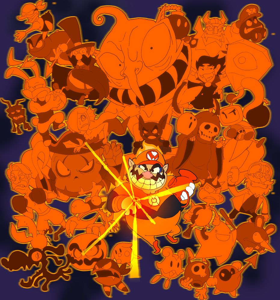 Wario, dressed as an Orange Lantern, surrounded by constructs of his own.
All references to games hes been in or enemies he's beaten (sometimes technically)