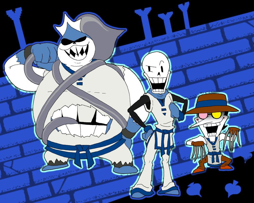 King, Papyrus, and Spamton, dressed as and in place of Chang, Kim, and Choi of King Of Fighter's Team Korea/Team Korean Justice