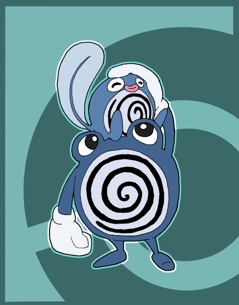 Fanart of Poliwhirl and Poliwag. The smaller one on the head of its evolution, getting headpats.