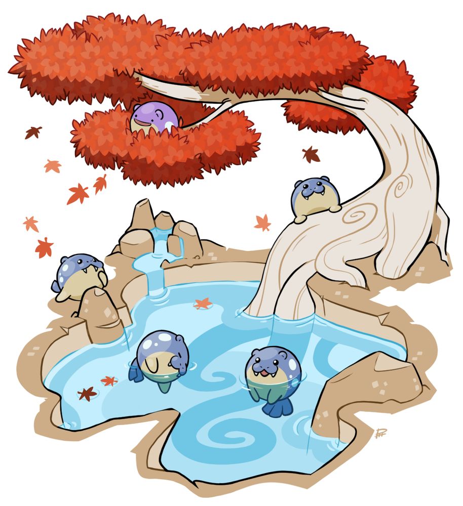 A hotspring surrounded by snow has a single japanese white maple tree growing from its edge, its roots visible beneath the water, its leaves an autumn orange. Four spheal Pokemon frolic around the hotspring, one happily floating, one asleep on the water's surface, one climbing the tree and another observing another, shiny-colored spheal up in the leaves of the tree with a worried expression. The spheal in tree is actually a ditto who is unaware about where it should be.