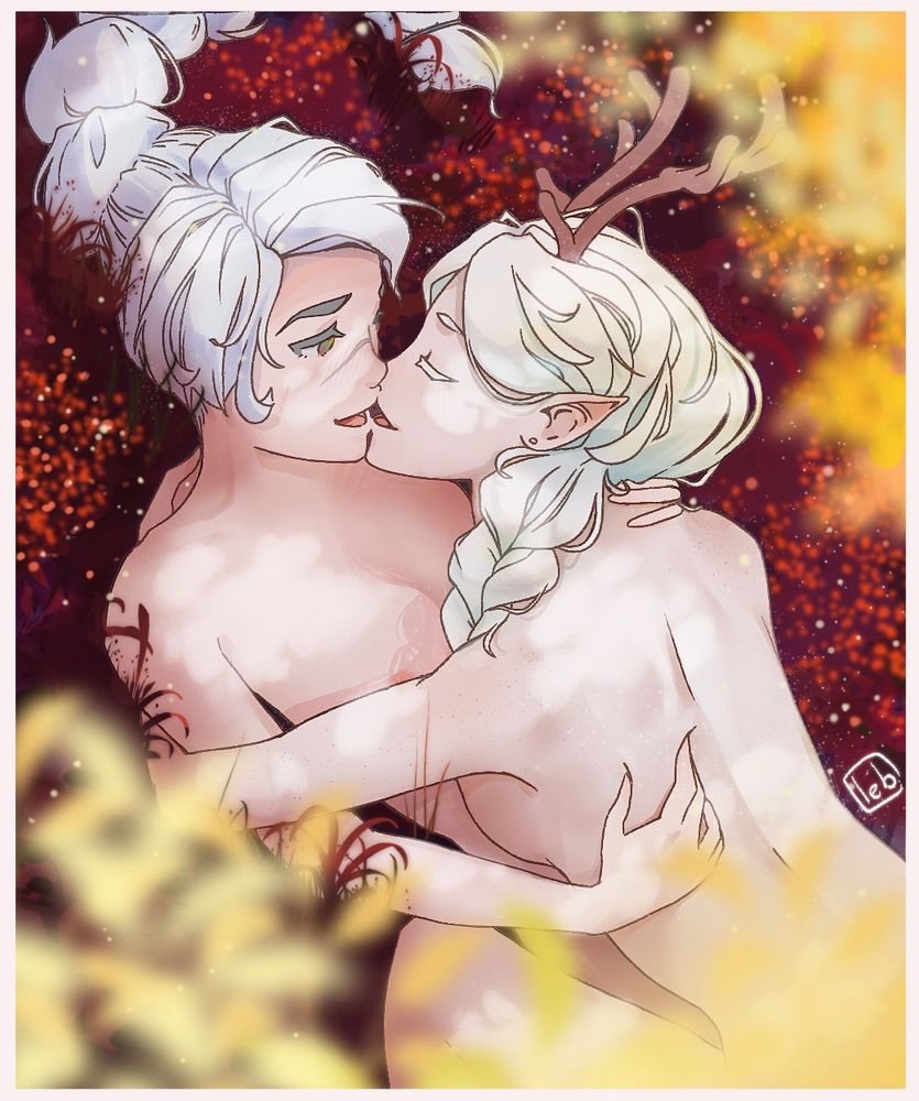 art of Shadowheart and Tav kissing in red flowers