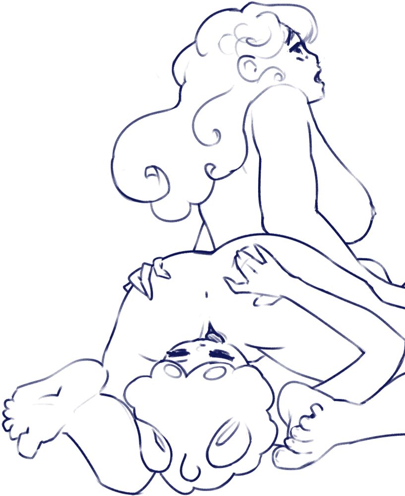 Betty from Date Everything getting eaten out by a smaller woman with alpaca ears, viewed from a low angle