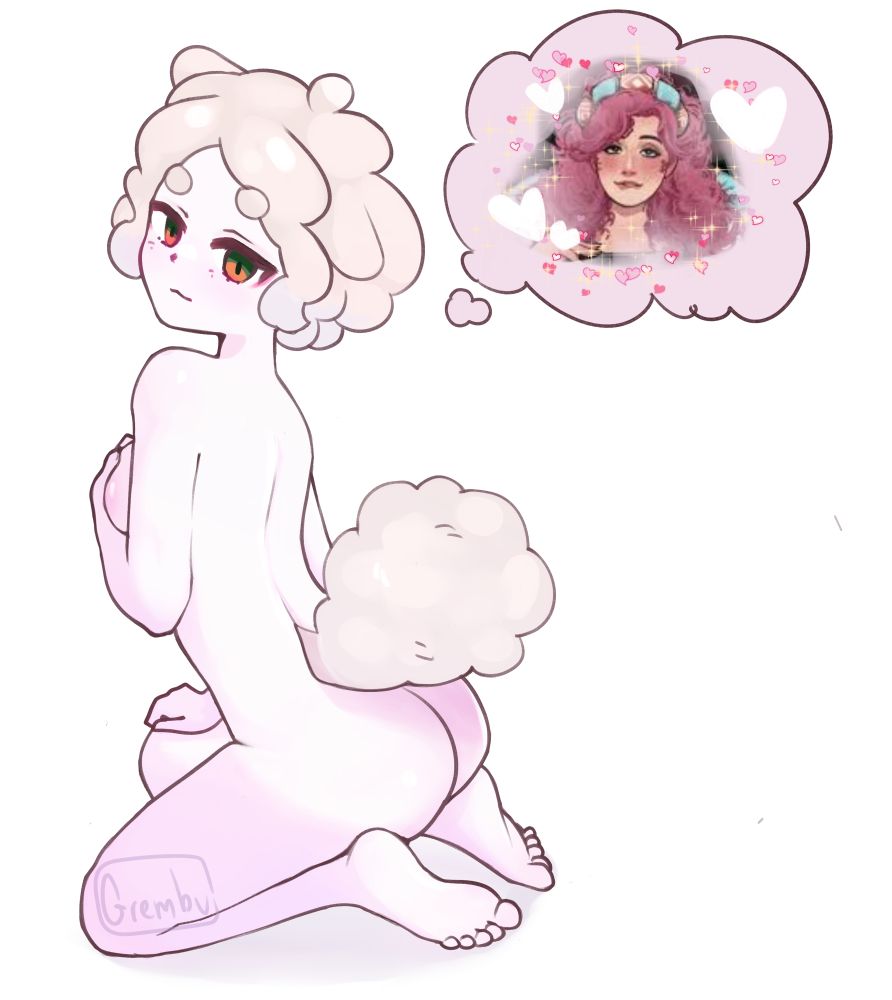 illustration of a naked petite woman with alpaca ears and tail sitting facing away and on her knees, touching her breast, smiling and blushing. there is a thought bubble indicating she is daydreaming about Betty, the bed from Date Everything. Betty is smiling and biting her lip in the game screenshot. 