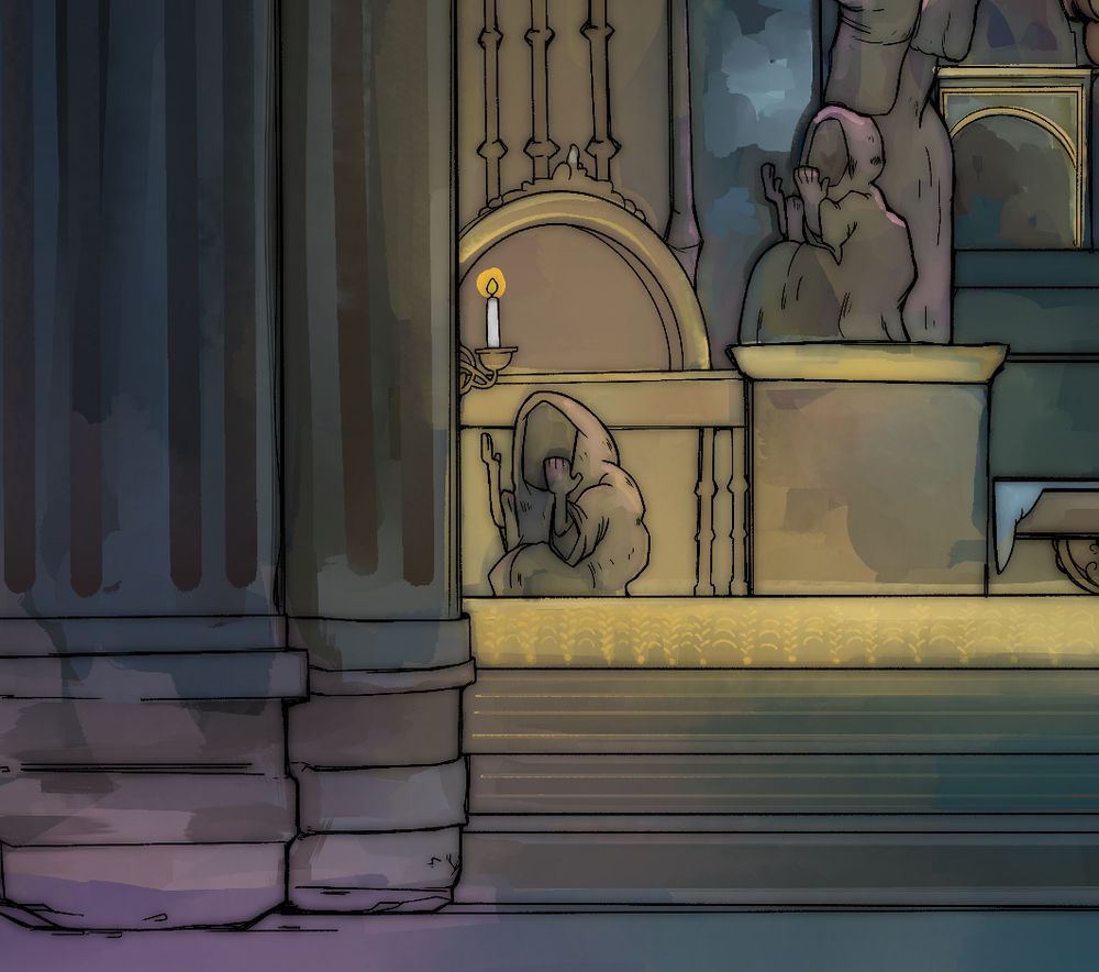 Inside a cathedral with statues that look like they are praying. WIP
