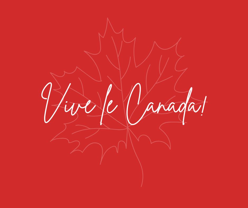 A deep red background upon which the words, "Vive le Canada!" are written in white script. There is a faint image of a maple leaf behind the words.