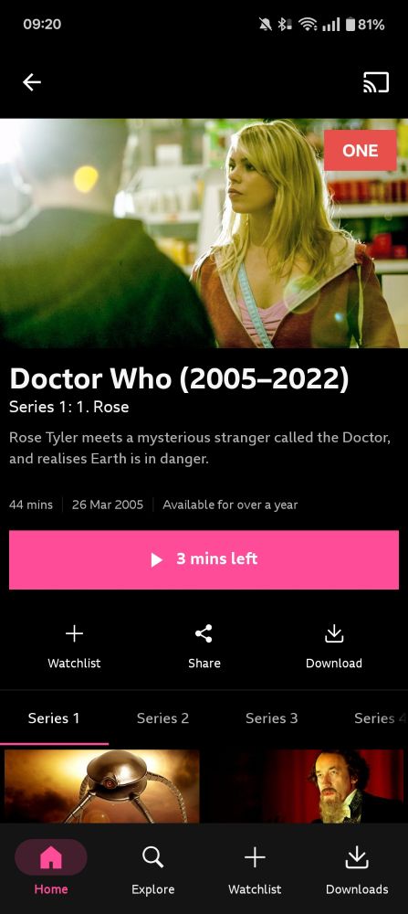 Screenshot of BBC iPlayer, showing Doctor Who (2005-2022), Series 1: 1. Rose. Date aired 26 March and 2005