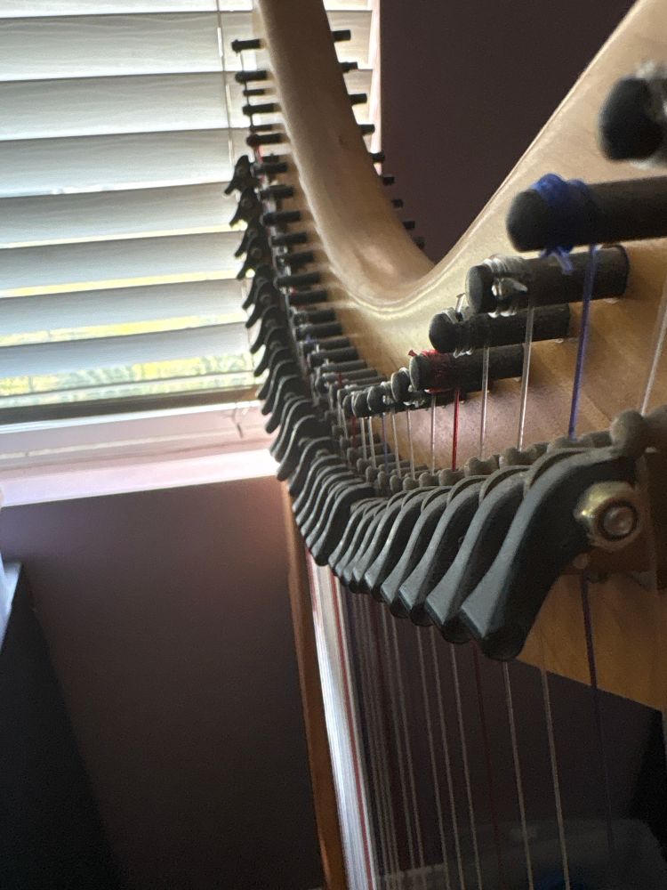 A warm wood lever harp in front of a sunny window with vertical blinds