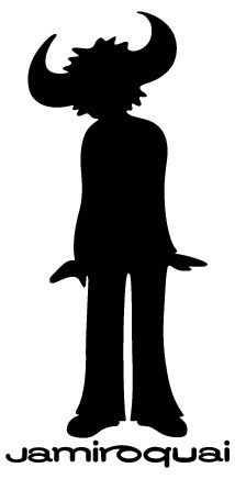 Imagem de um bonequinho, símbolo do cantor Jamiroquai em sombra inteira preta sobre fundo branco. O boneco tem um chapéu de chifres