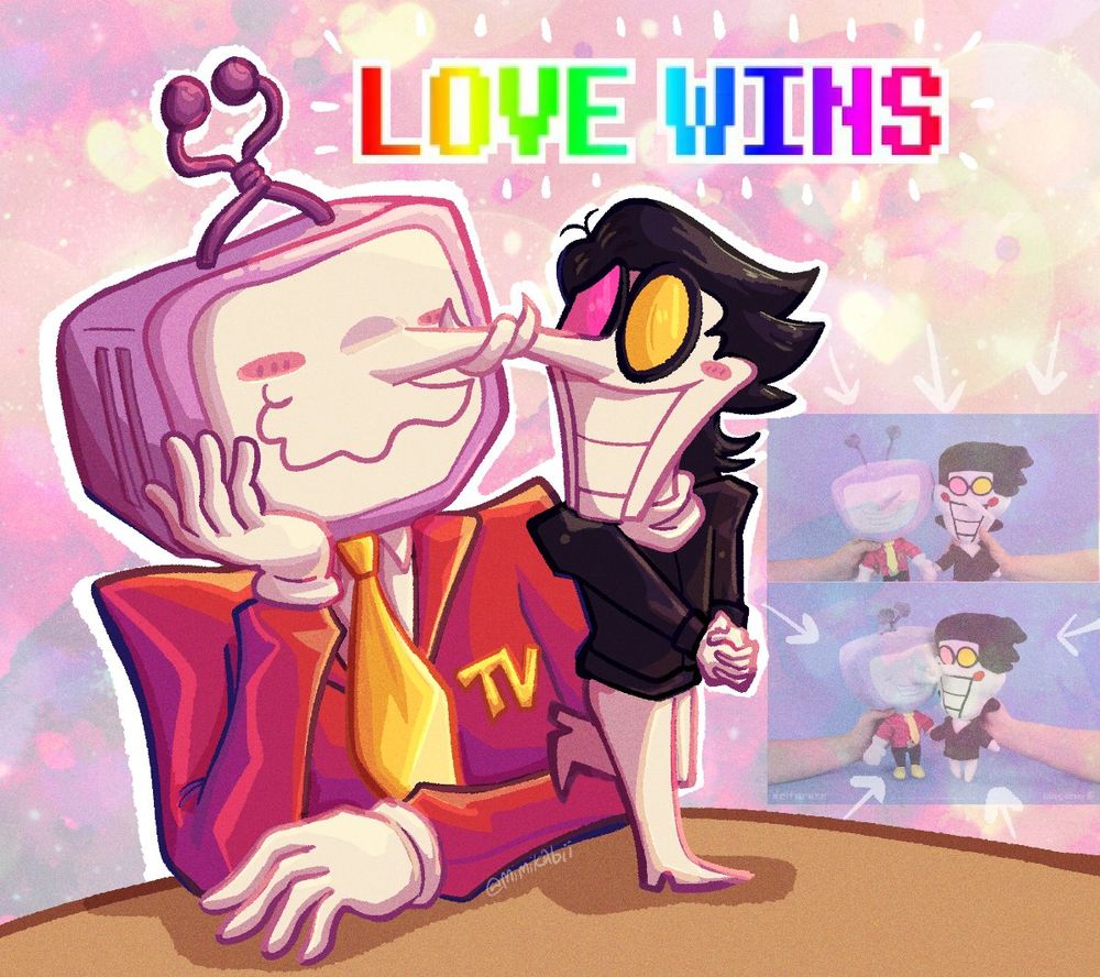 picture of tenna and spamton's noses interlocking like the fangamer tenna plushie images. There is a LOVE WINS next to them from the game
