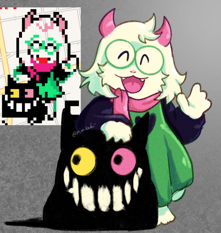 Doodle of Ralsei leaning on FRIEND from Deltarune. Ralsei is happy and waving his hand while FRIEND eerily stares to the side.