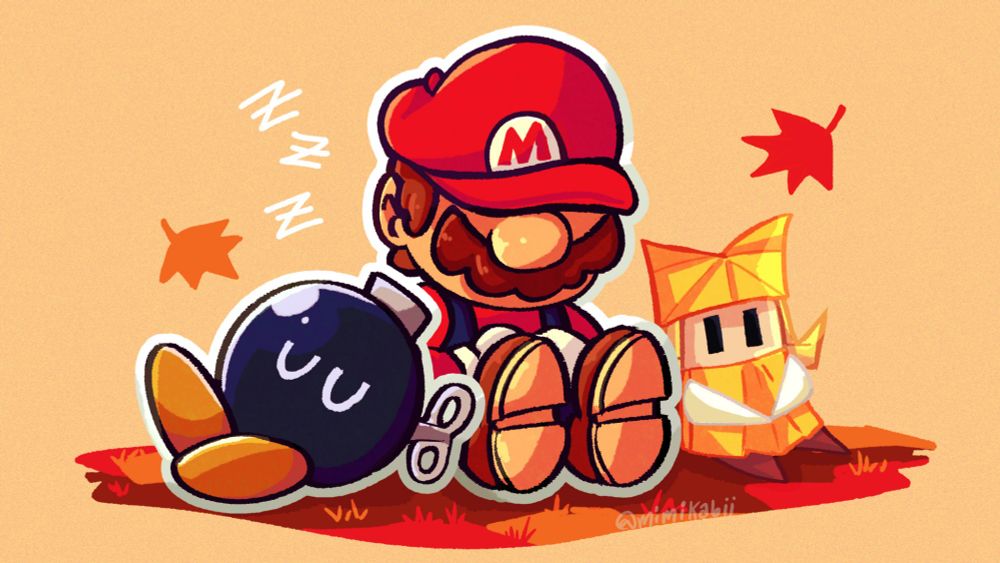 Image of Bobby, Mario, and Olivia sitting near each other in Autumn Mountain. Mario and Bobby are fast asleep while Olivia sits awake, thinking.