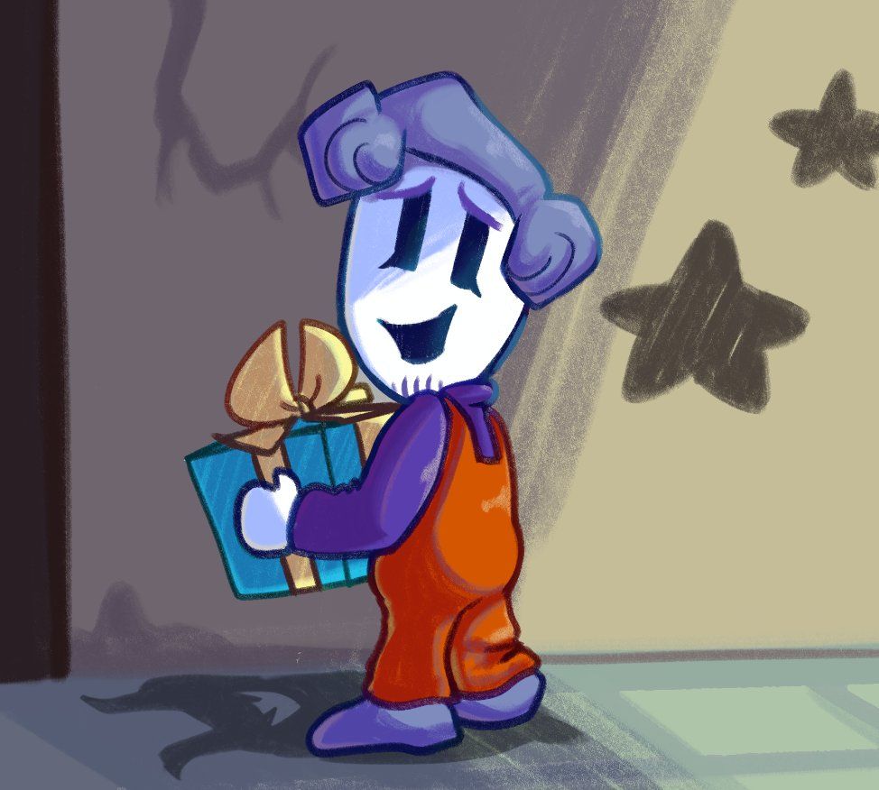 image of ramb from deltarune chp 3 with a gift box in his hand, hard shadow on his right side. his shadow forms eerily into the shape of "eram", or the hidden boss for the shadow mantle.