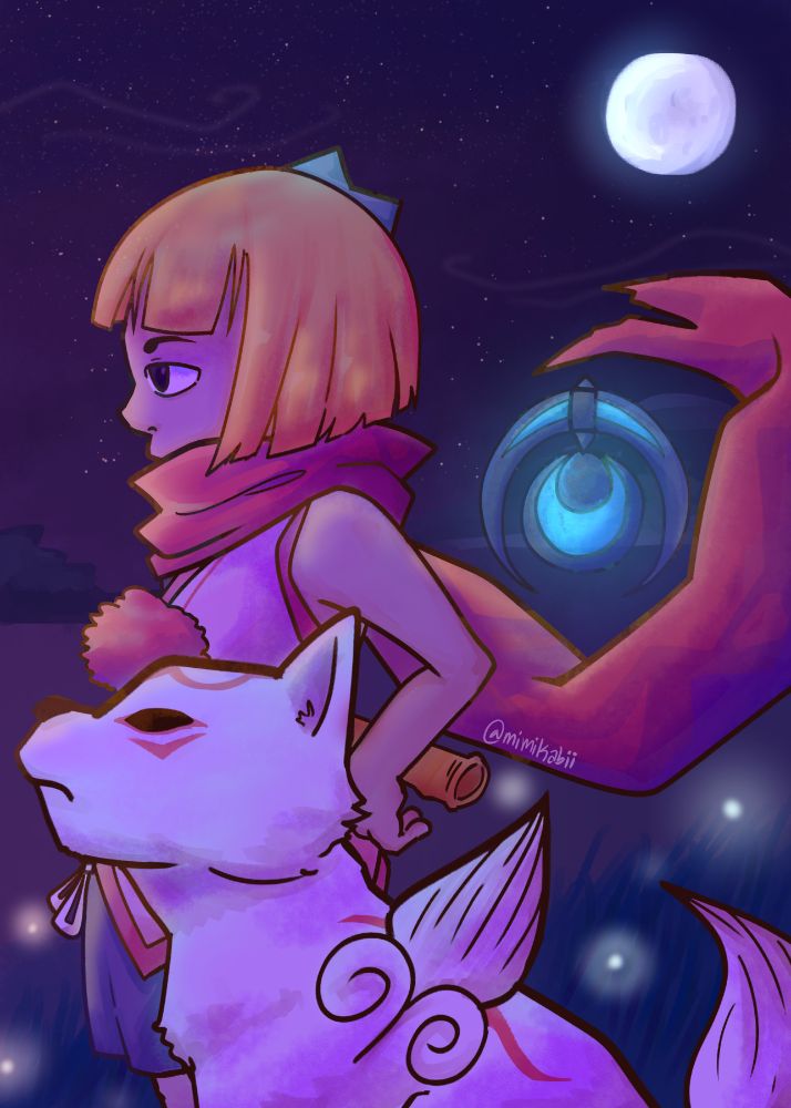 A picture of Kurow and Chibiterasu from Okamiden, facing left looking out into the distance. It is night time, with a grassy field background with fireflies and the moon shining. Near Kurow's flowing scarf is his pendant glowing.